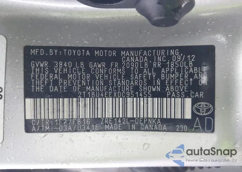 2013 Toyota Corolla Le from USA, damaged, VIN 2T1BU4EEXDC951455